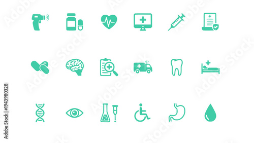 Healthcare and laboratory icons including microscope, test tubes, DNA, medical research, and science symbols.