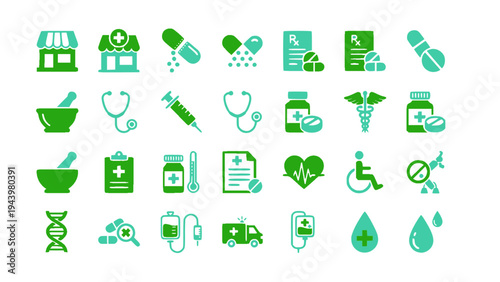 Medical and pharmacy icon collection featuring pills, medicine bottles, stethoscope, hospital tools, and healthcare symbols.