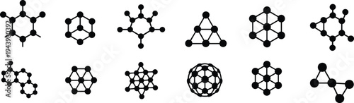 Black and white geometric molecular structure diagrams with various shapes and arrangements