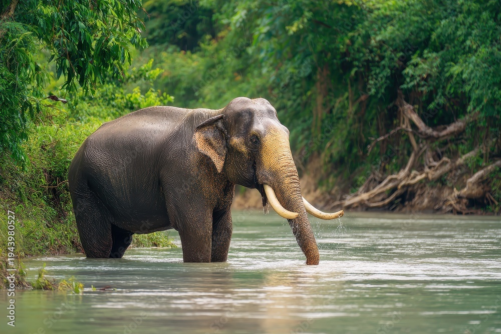 Fototapeta premium Male Asian elephant enjoying a bath in a sunlit tropical river