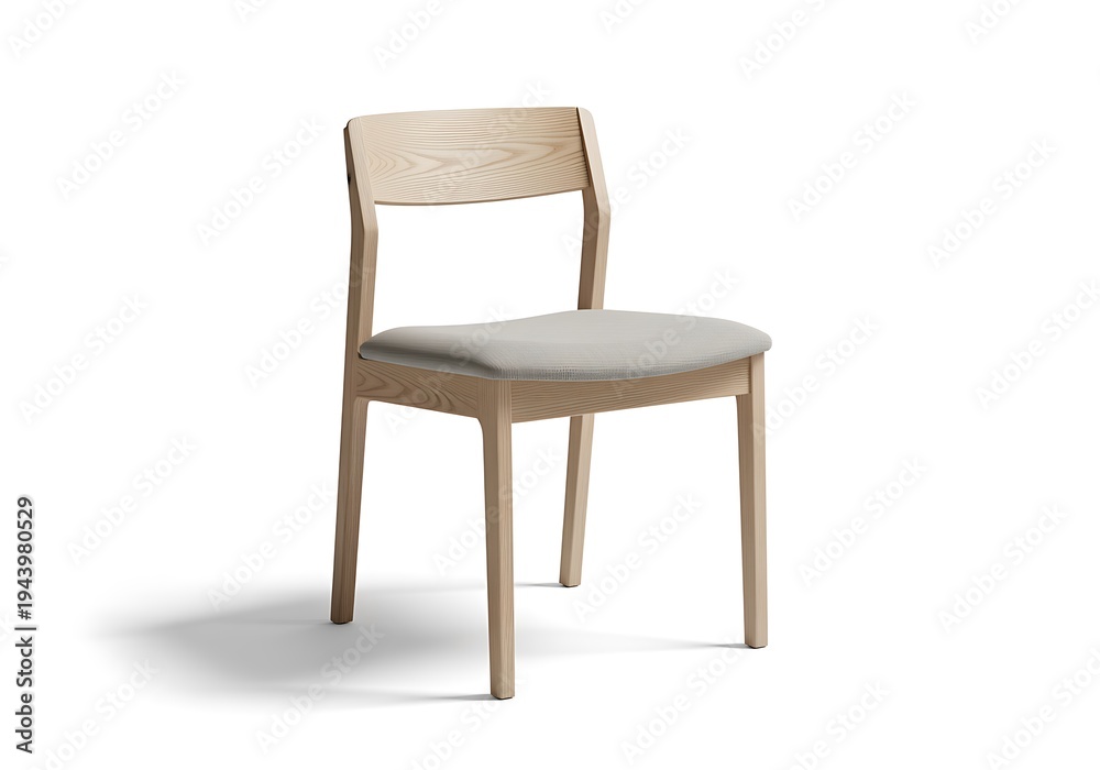 Fototapeta premium Modern light wood dining chair with upholstered seat isolated on white background for interior design