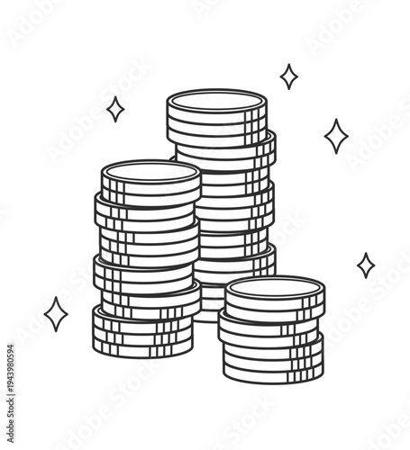 山積みの煌めくコインのイラスト　線画のみ