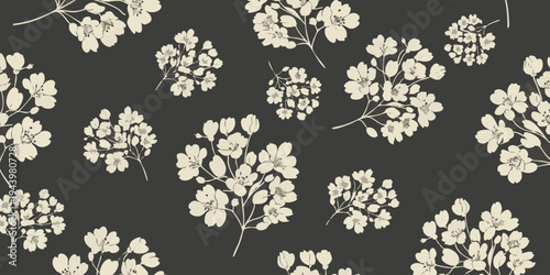 A seamless pattern of white flowers and branches on a dark background