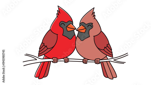 Lovely Cardinal couple: Two vibrant cardinals perched intimately on a delicate branch, their beaks gently touching in a moment of tender connection. 