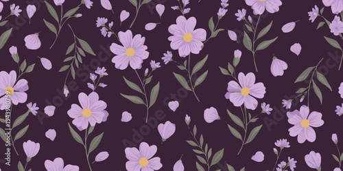 Vibrant purple flowers and leaves with hearts pattern on dark background