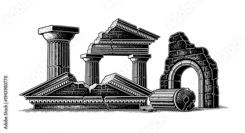 Ancient Ruins Architectural Stone Structures.