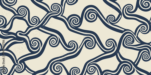 The intricate swirling pattern design features wave-like shapes and curling lines on a cream surface.