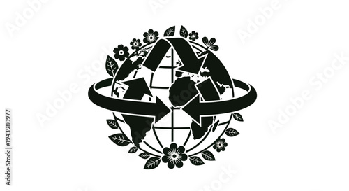 Recycling symbol around the Earth with flowers and leaves.