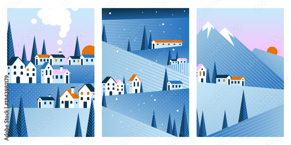 Obraz premium Winter geometric landscape cards, abstract vector backgrounds with mountains and snowy village houses, night blue sky with crescent and sunrise. Seasonal posters, christmas postcard artworks