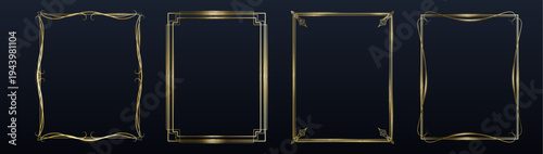 Elegant gold thin line frames realistic vector isolated on black background. Luxury golden border, art deco design, premium labels, vintage decorations, or modern ornamental elements