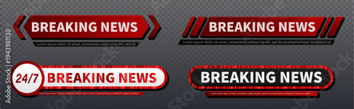 Breaking news banner template with red lower third bar for TV broadcast channels, realistic vector set of frames isolated on transparent background. Elegant header overlay graphic for live headlines