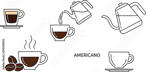 Americano coffee preparation icon set with steaming cups, coffee brewing pot, beans, and saucer isolated on white background vector illustration.