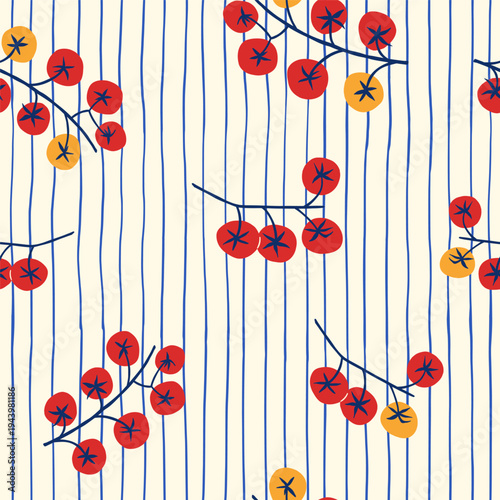 Bild auf Leinwand Seamless pattern with cherry tomato branches on a blue striped background