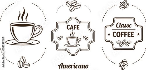 Coffee cup and cafe branding design set with Americano, cafe, and classic coffee labels coffee beans icons isolated on white background vector illustration.