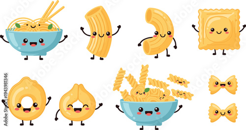 Cute kawaii pasta characters collection including noodle bowl macaroni ravioli farfalle fusilli and tortellini cartoon food mascots isolated on white background vector illustration.