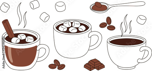 Hot chocolate drink cups with marshmallows cinnamon stick cocoa powder spoon chocolate pieces and coffee beans isolated on white background vector illustration.