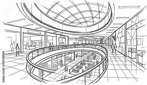 Luxury retail atrium featuring a large glass dome skylight, circular mezzanine levels, a ground-floor food court, and wide-angle architectural perspective.