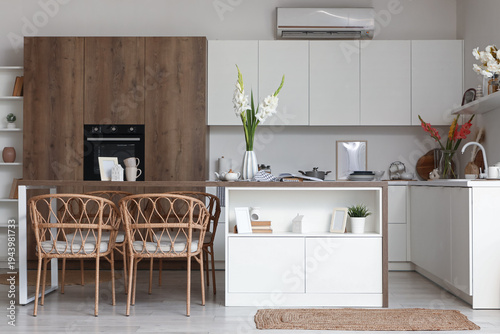 Interior of kitchen with ta...