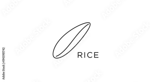 Minimalist black and white line art illustration of a single rice grain with the word 'RICE'. Simple vector graphic for food concepts.