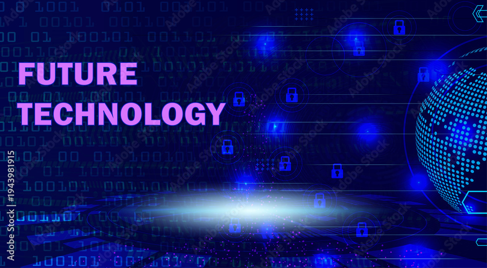 Obraz premium Future Technology Digital Background with Glowing Binary Code, Abstract Blue Globe, and Cyber Security Locks for Modern Innovation Concepts