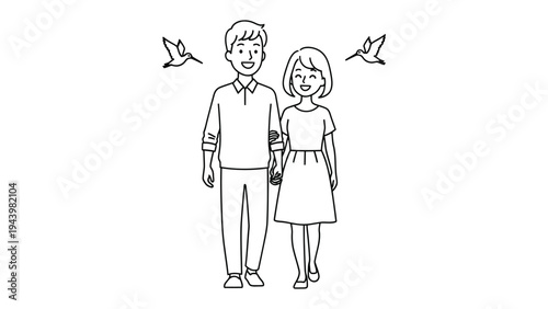 A couple stroll under the birds: A happy couple takes a stroll together as two birds fly around them