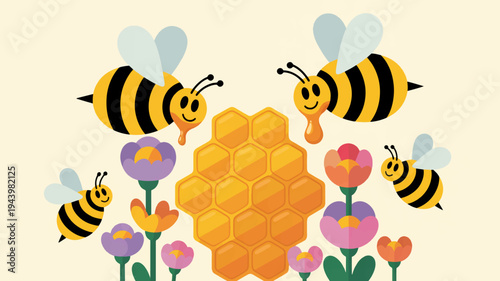 Colorful bees flying around honeycomb with vibrant flowers on light background symbolizing nature and industry