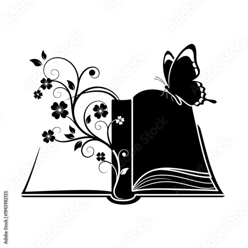 A Black And White Illustration Of A Book With A Butterfly And Flowers