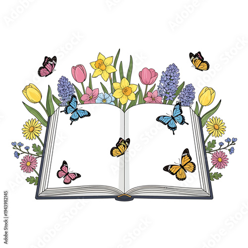 A Beautiful Illustration of an Open Book with Colorful Flowers and Butterflies