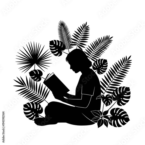 A Person Sitting Cross Legged Reading a Book Surrounded by Tropical Leaves