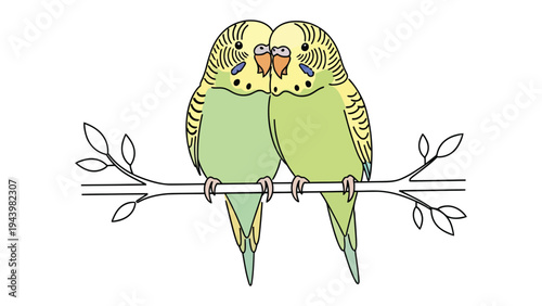 Pair of Budgerigar Birds on a Branch: A charming illustration capturing the endearing bond of two budgerigars perched together on a delicate branch, symbolizing friendship and companionship.