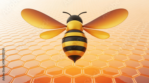 A large yellow and black bee flying over a honeycomb pattern with warm orange background lighting