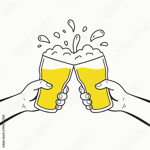 A vector graphic illustration of two hands clinking beer glasses together in a toast