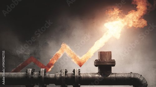 Flame rises from pipe with upward arrow showing growth in industrial settings