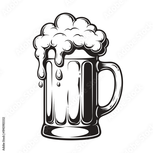 A black and white illustration of a beer mug with foam