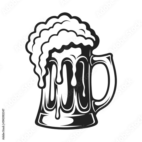A black and white vector graphic illustration of a beer mug