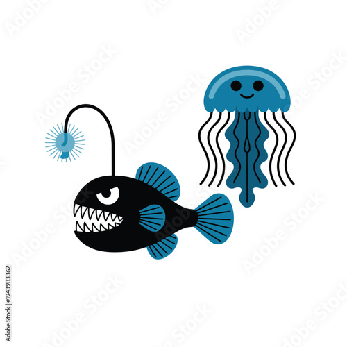 An anglerfish vector illustration with a smiling jellyfish in the ocean