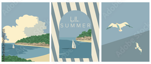 Beach view background, cover, summer beach postcard set, summer posters collection