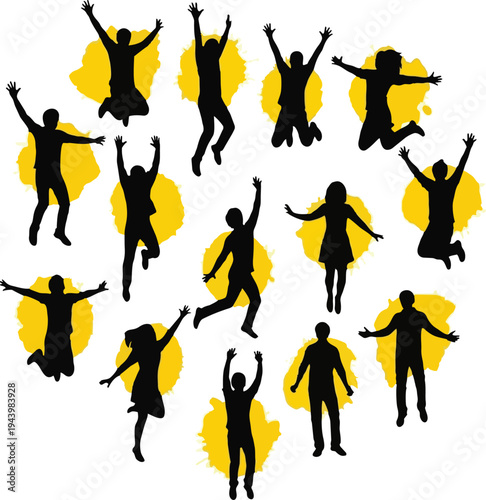 A creative collection of black vector silhouettes featuring a diverse group of active people, men, and women engaged in fun dance party action and fitness sport illustrations