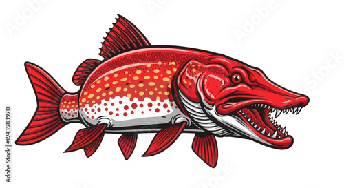Aggressive Red Pike Fish with Sharp Teeth, Predator, Isolated on White