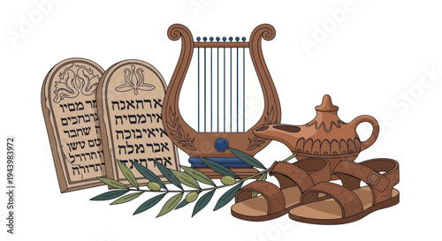 Ancient Jewish Symbols: Tablets of Law, Lyre, Oil Lamp, Sandals, and Olive Branch