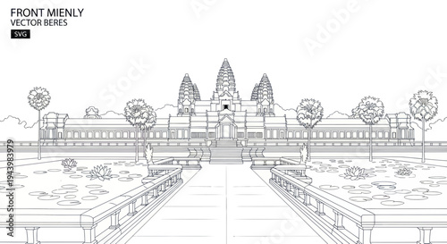 Angkor Wat Temple Outline Drawing, Famous Asian Landmark, Travel Destination