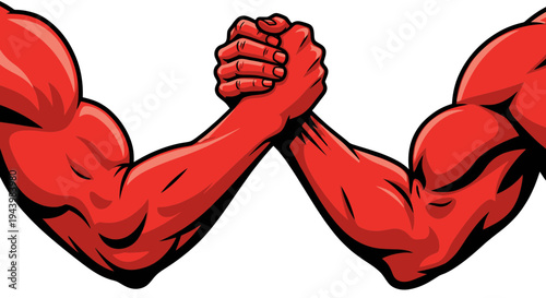 Arm Wrestling Competition: Two Red Muscular Arms Clasping Hands in a Duel
