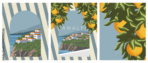 Amalfi Coast set of postcards, covers, summer landscapes backgrounds, banners, posters