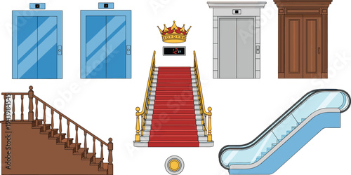 Set of elevators escalator staircase and luxury red carpet stairs with crown modern building interior elements collection vector illustration isolated on white