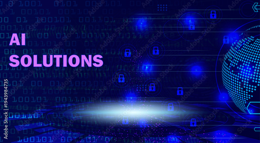 Obraz premium AI Solutions abstract digital background with glowing pink text, binary code, global network, and padlock icons for technology and cybersecurity