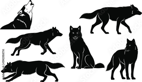 Black Bird Silhouette Vector Set, Flying Crow and Raven Illustrations, Perching Songbird and Swallow Outlines Isolated on White Background for Design (21 words)