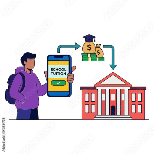 A student uses a mobile phone to pay tuition fees online for school.