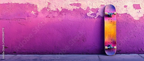 Colorful Skateboard Against Vibrant Pink and Purple Wall Surface