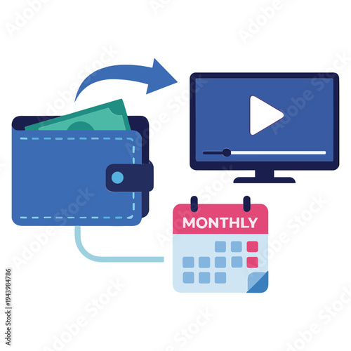 A blue wallet ejects a card into a computer screen displaying a video player next to a monthly calendar.