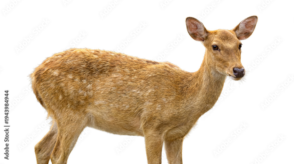 Fototapeta premium a beautiful young deer in a studio setting against a plain white background, showcasing its detailed fur and gentle demeanor, high-quality animal photograph.